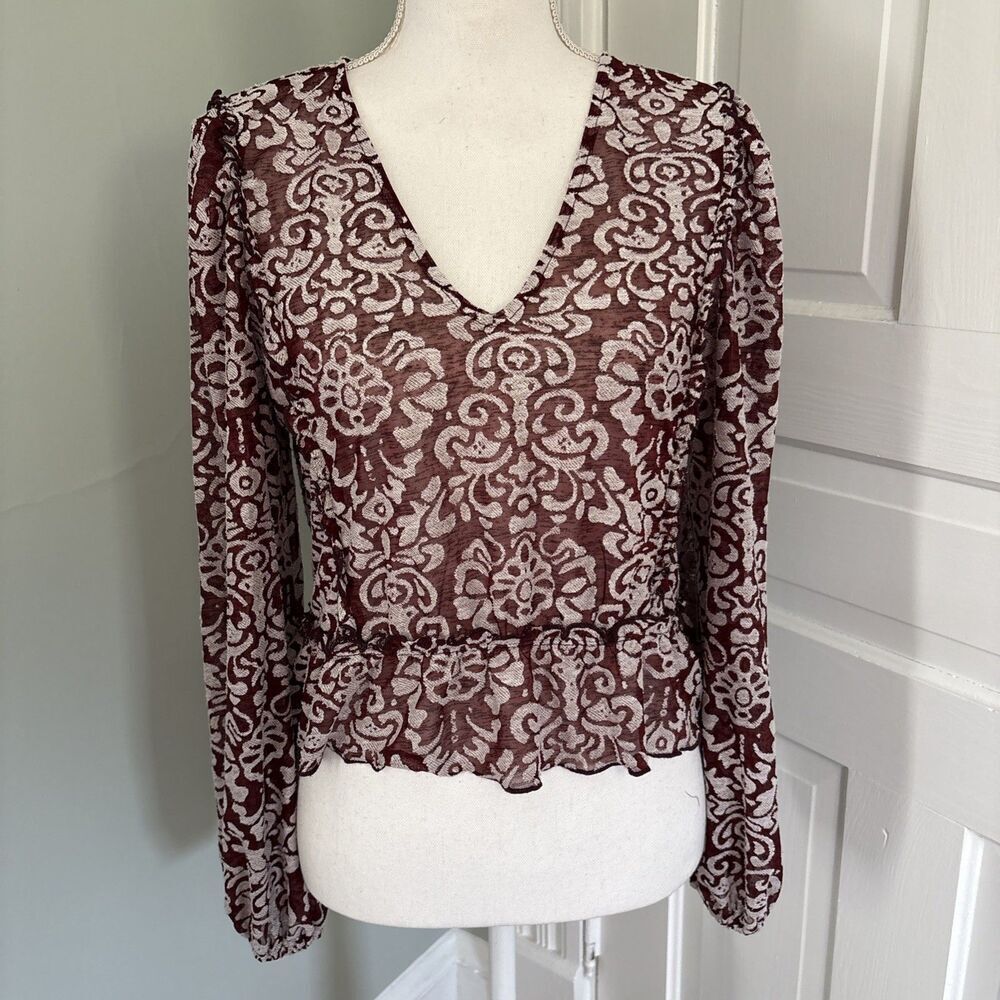 By‎ Anthropologie Jacquard Peasant Blouse Medium Wine Burgundy Cropped